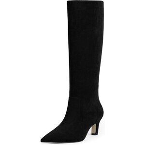 Women's Black Suede Pointed Toe Kitten Low Heel Faux Leather Fall Long Boots